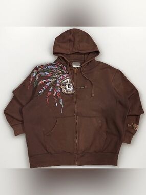 Marc Ecko Hoodie Full Zip Cut & Sew Brown 2XL Native Chief Scott Back Skull Y2K